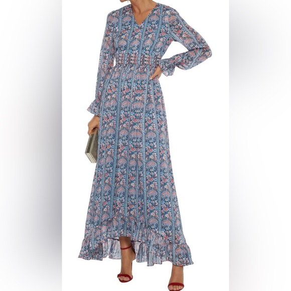 MIKAEL AGHAL Ruffle Trim Floral Print Burnout Georgette Maxi Dress long sleeve